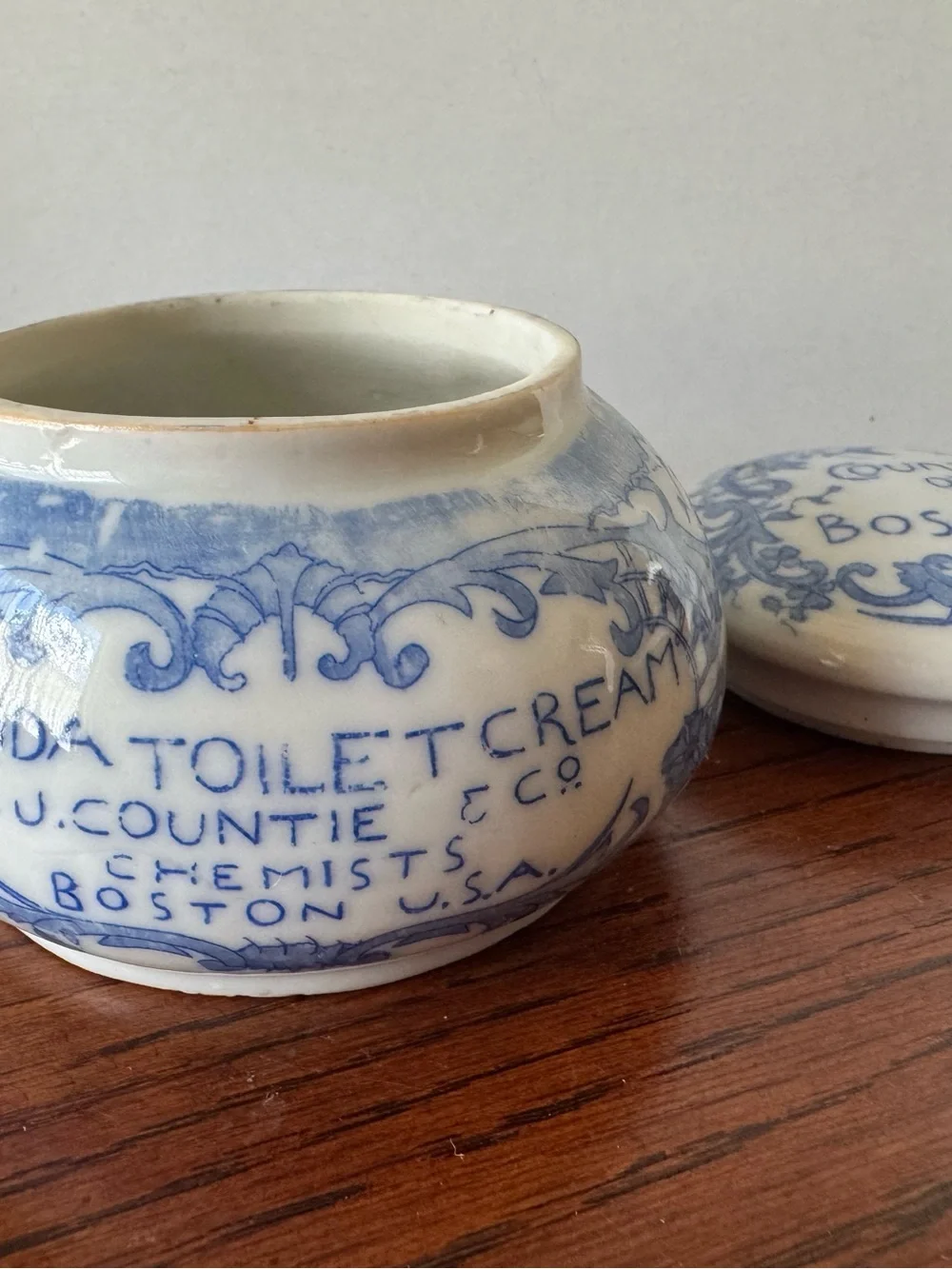 Antique Cobalt Blue Countie of Boston Magda Toilet Porcelain Cream Jar Pot Lid